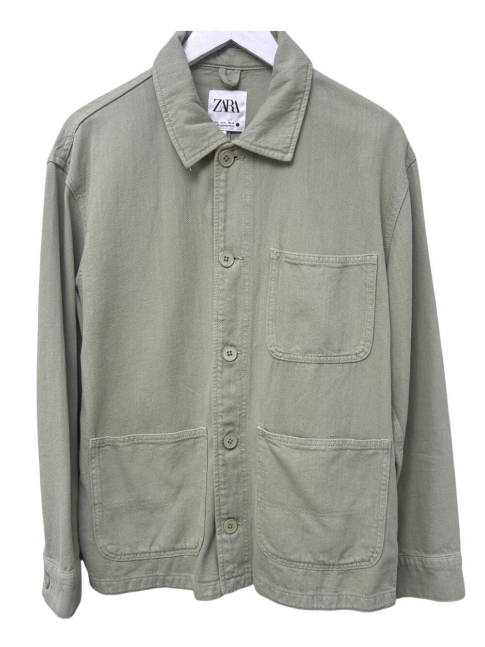ZARA Chore Jacket Womens Medium Sage Green Utility Barn Coat Casual Minimalist